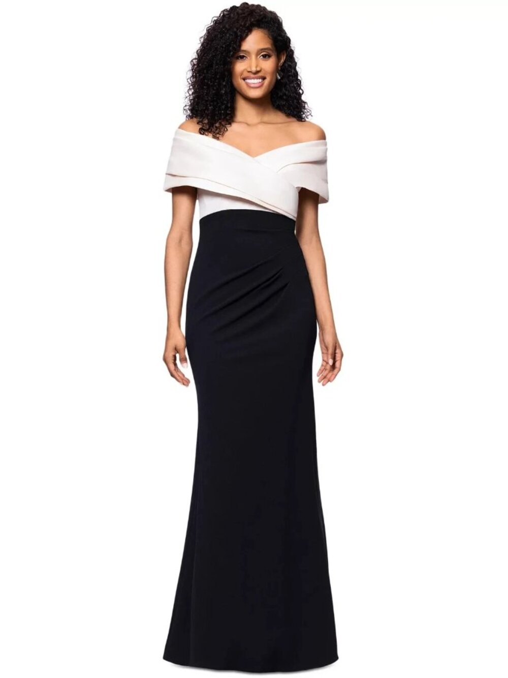 Betsy & Adam Black Cream Mixed-Material Off-The-Shoulder Gown